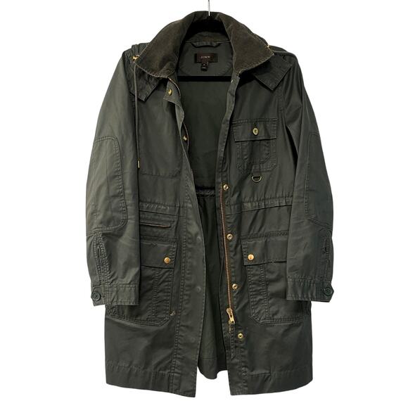 J Crew XS Waxed Cotton Long Military Field Coat Hooded Barn Jacket Army Green - Picture 2 of 13